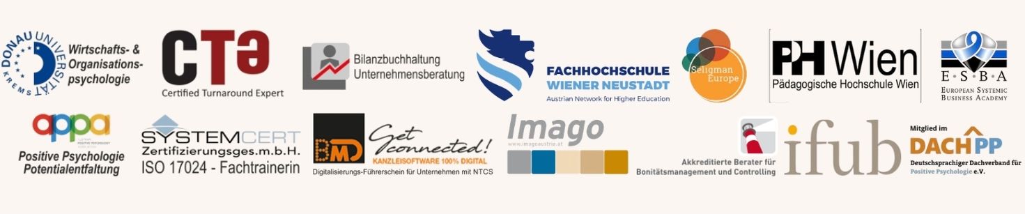 Logoleiste mit Vertrauensindikatoren von RE-Consult: Bilanzbuchhaltung, Unternehmensberatung, Positive Psychologie, Certified Turnaround Expert, ifub-Netzwerk, Bankenkooperation, Publikation